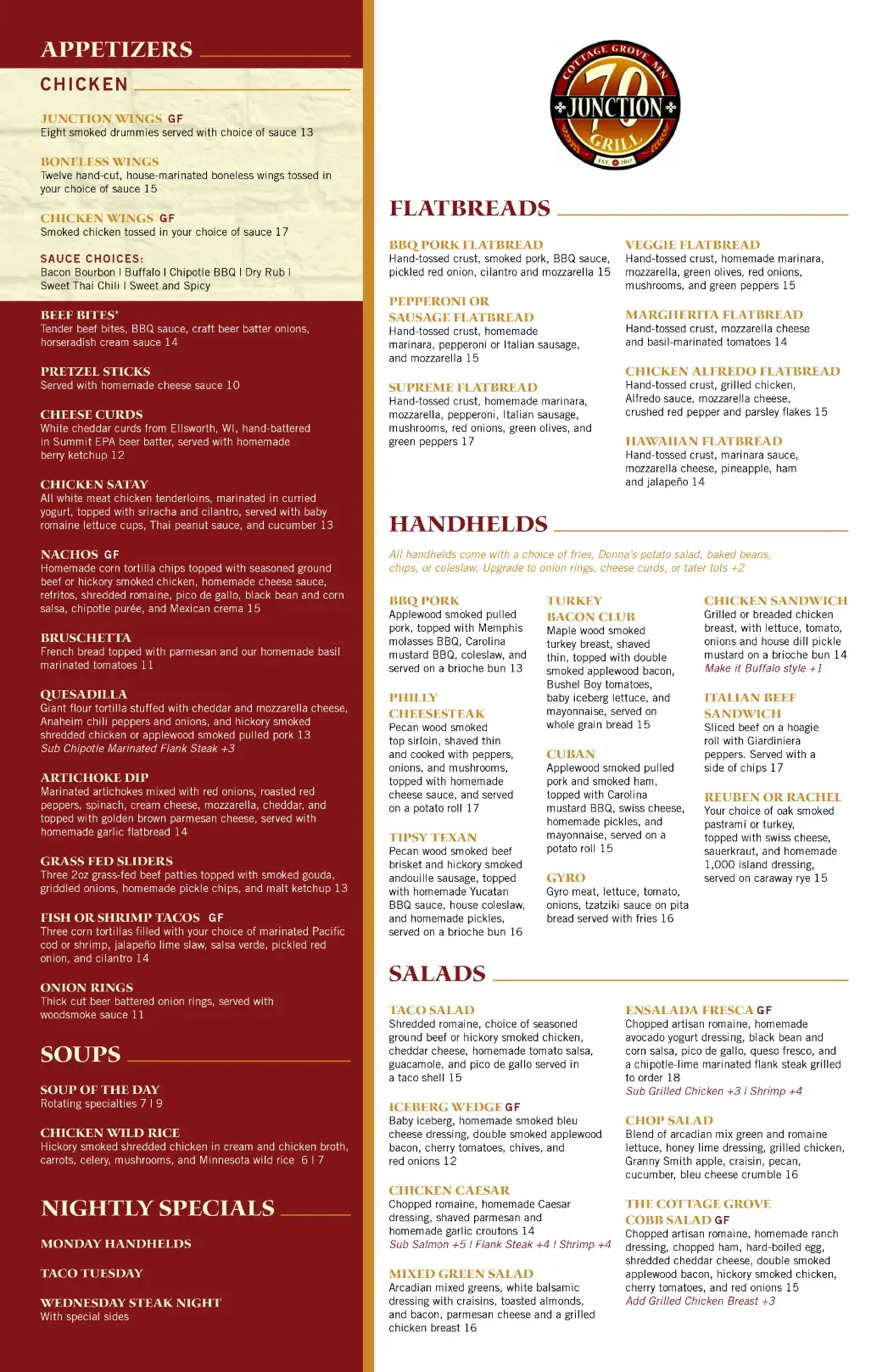 Junction 70 Dinner Menu 1st page