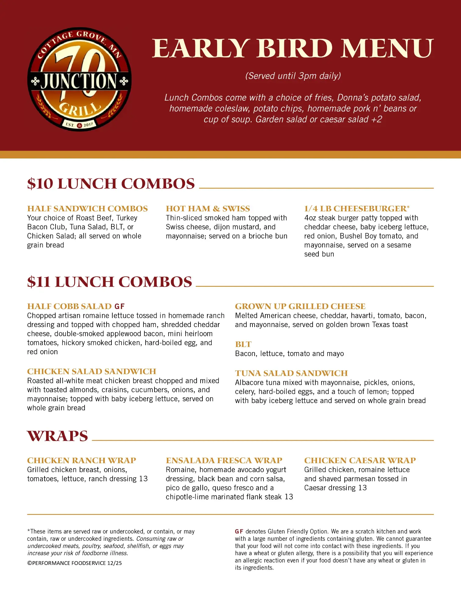 Junction 70 Early Bird Menu 1st Page