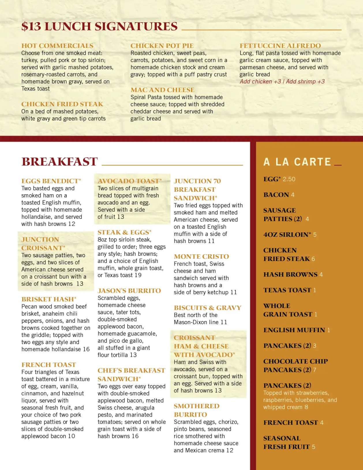 Junction 70 Early Bird Menu 2nd Page
